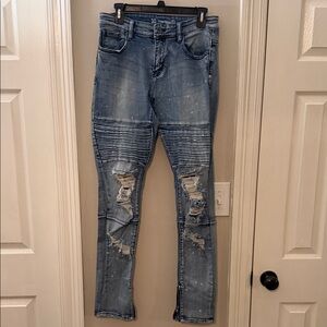 Crysp Distressed Skinny Moto Jeans in Light Blue 30